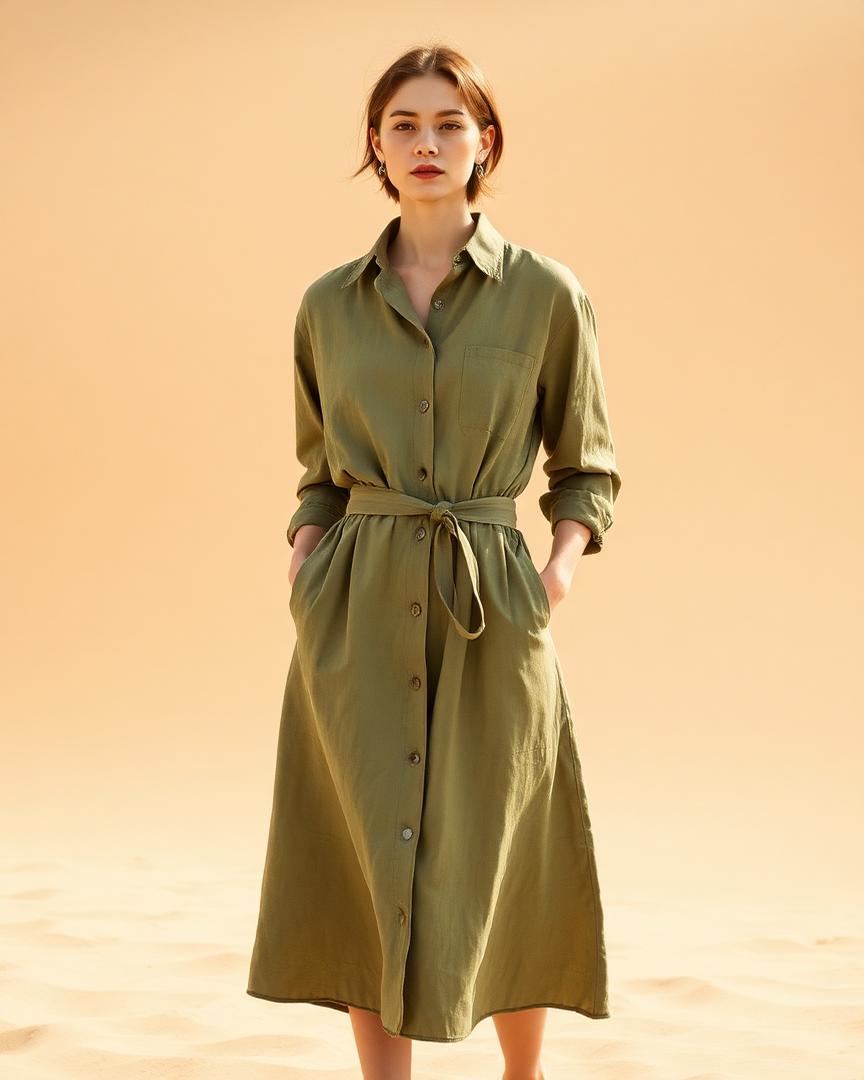 Olive linen shirt dress